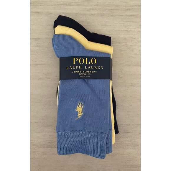 Polo Ralph Lauren Boys Size 8-9.5 Super Soft Blue Yellow Mid Crew Socks 3 Pack - Picture 1 of 5